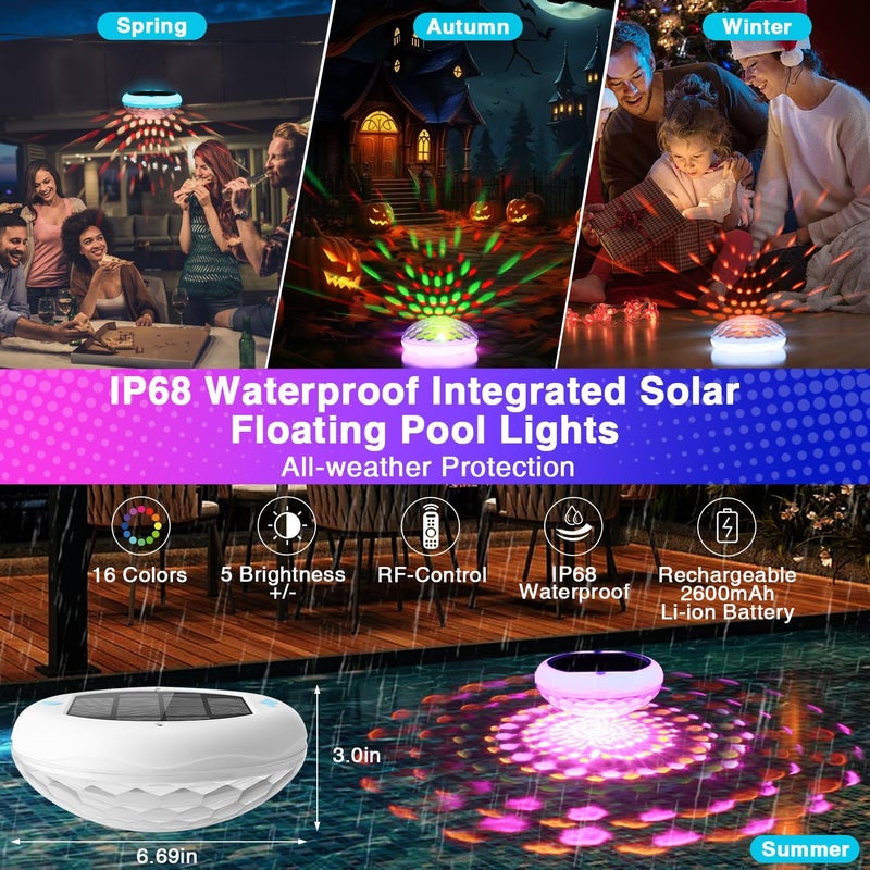 BOXPSII Solar and USB Rechargeable Floating Pool Lights, 2600mAh 6.7" IP68 Waterproof Pool Lights That Float with Remote, RGB 13 Colors Upper and Lower Glow Hangable Solar Floating Light for Outdoor 4 PCS - Image 4